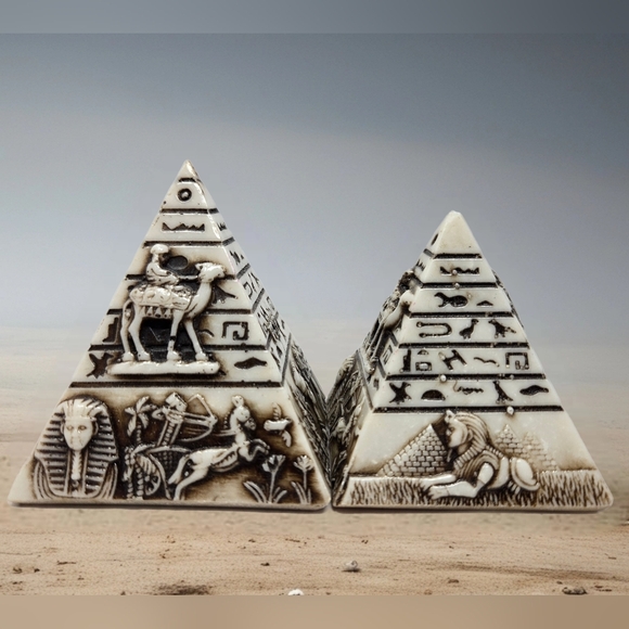 Egyptian Set Of 2 Carved Stone Pyramids With Symbols & Egypt Camels Hieroglyphic - Picture 1 of 9
